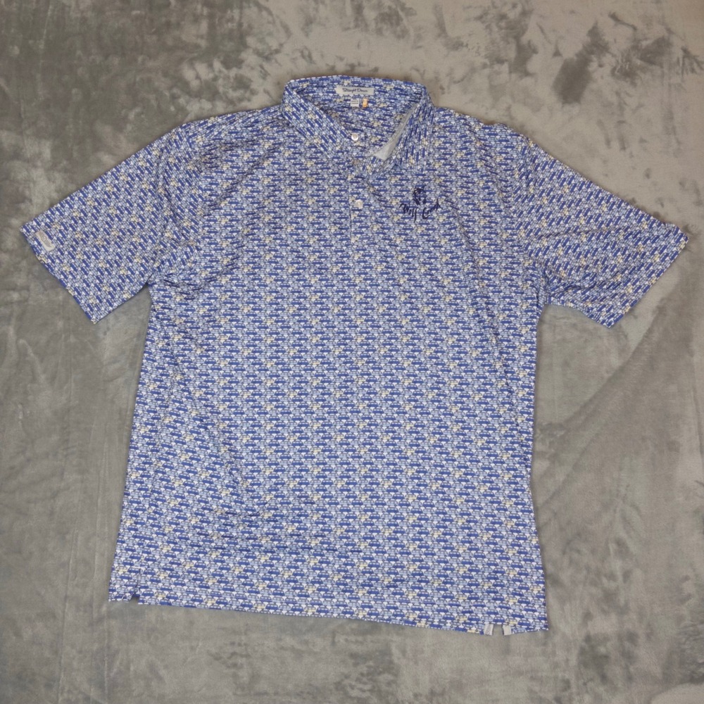 Straight Down Polo Shirt Mens XXL Blue Bus Print Wolf Creek Golf UPF 50 Stretch